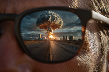 A spectator in black sunglasses witnesses a nuclear explosion with a mushroom cloud reflection