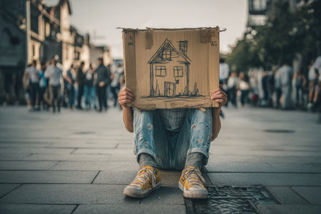 Young man in jeans and sneakers sitting on street with cardboard box and hand drawn house sketchの写真素材