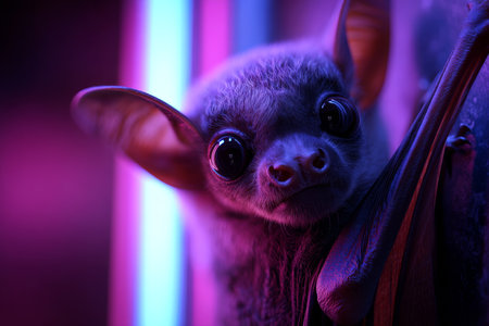 Adorable bat with large eyes illuminated by purple neon light in fantasy art style close upの写真素材