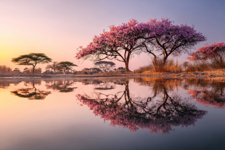 Panoramic sunset over african savannah acacia trees and blossoms reflecting in waterの写真素材