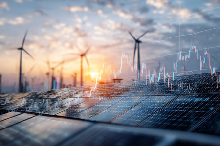 Photorealistic double exposure of solar panels and wind turbines against a sunset with stock chartの写真素材