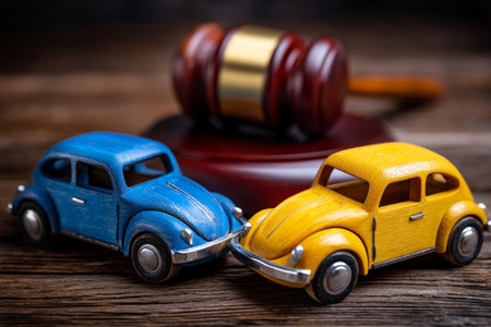 Wooden toy cars crash blue and yellow collision in front of gavel on wooden tableの写真素材