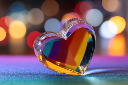 Vibrant rainbow glass heart against colorful bokeh background symbolizing lgbtq pride and loveの写真素材