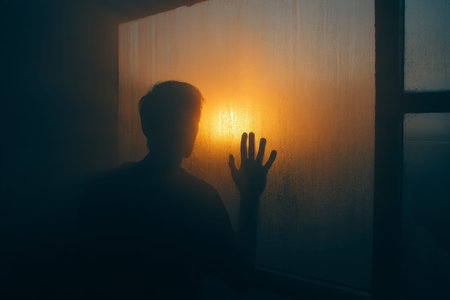 Silhouette of a man against a fogged window at sunset, evoking mystery and eerie atmosphere