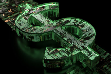 3d render of a luminous green dollar sign featuring circuit board design on a dark backdropの写真素材