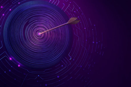 Neon archery target illustration with arrow hitting center on purple background for business successの写真素材