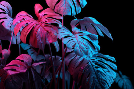 Abstract tropical plants with neon lights on black background for minimalist banner or poster designの写真素材