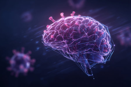 Futuristic 3d brain and coronavirus rendering in medical science with geometric abstract background