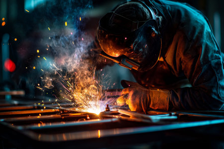 Welding and repairing car body by hardwood worker in garage, sparks flying from accident damage fix