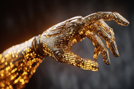 Futuristic digital gold robot hand interacting with binary code on a high tech screen backgroundの写真素材