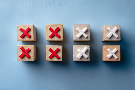 Flat lay photography of three red checkmarks and three white cross marks on wooden blocksの写真素材