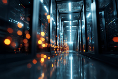 3d abstract digital data center with glowing lights, storage devices, and sleek server designの写真素材
