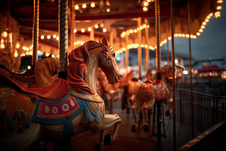 Enchanting nighttime carousel with colorful horses creates nostalgic atmosphere in stunning detailの写真素材