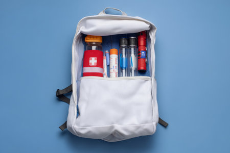 Open white backpack with first aid kit, water bottles, and flashlights on blue backgroundの写真素材