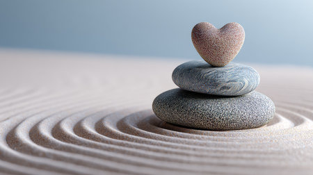 Heart shaped stone surrounded by circular stones in a pyramid on gentle blue sand patternsの写真素材