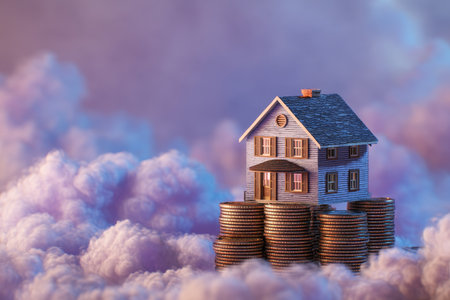 Miniature house model on coin stacks against ethereal blue and purple background symbolizing wealthの写真素材