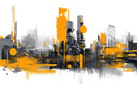 Urban cityscape vector design featuring grungy elements in orange and blackの写真素材