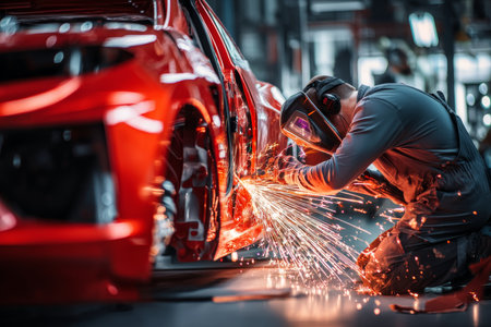 Car technician welding red sporty vehicle body during accident repair in auto workshop with sparksの写真素材