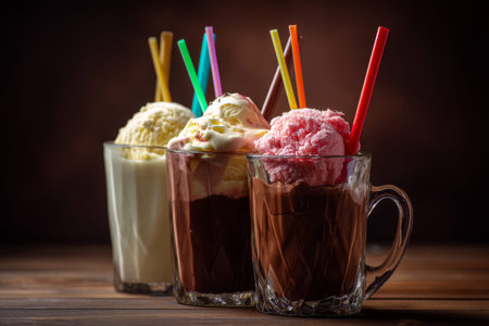 Colorful chocolate shot glasses with ice cream on a wooden table in a dark setting
