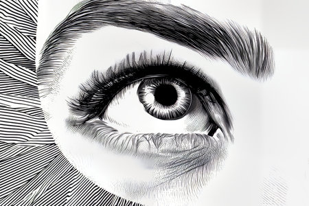 Close up of a woman s eye in vector line art with abstract perspective pattern in monochrome styleの写真素材