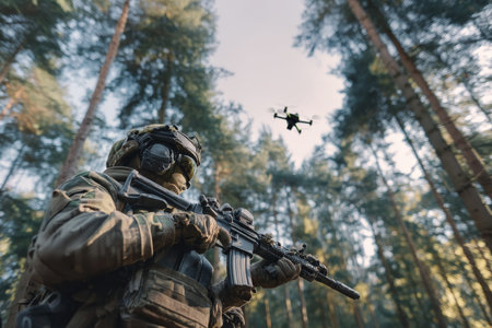 Soldier in tactical gear with rifle and drone in forest setting