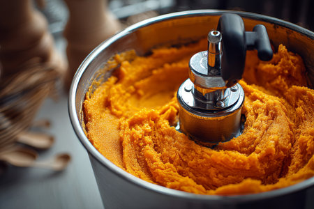 Pureed pumpkin paste in a food processor on kitchen counter ideal for recipe book close upの写真素材