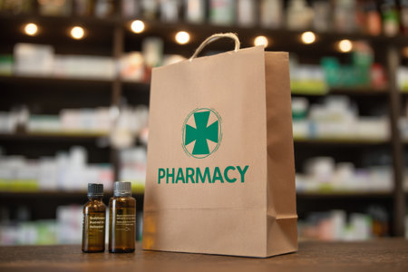 Brown pharmacy bag with green cross and medicine bottles against blurred shelves for promotionの写真素材
