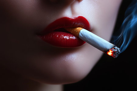 Close up of lips smoking a cigarette on a black background highlighting health risksの写真素材