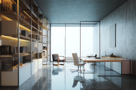 Sleek modern office interior featuring glass windows, white desk, and bookshelves in luxury spaceの写真素材