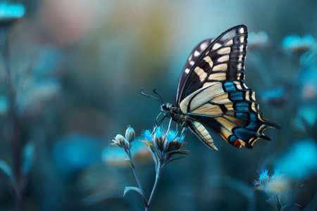 Close up of a colorful butterfly on a blue wildflower in a forest with soft pastel tonesの写真素材