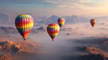 Colorful hot air balloons soaring over misty mountains at sunrise, symbolizing adventure and successの写真素材