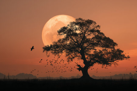 Silhouette of an ancient tree at sunset with birds and moonの写真素材