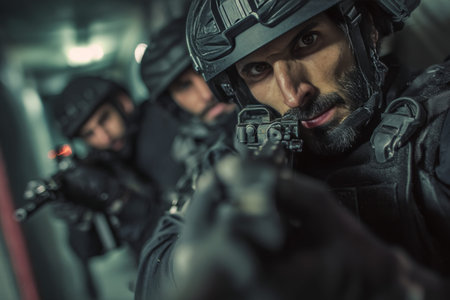 Intense close up of swat team member in tactical gear, preparing for action in a dim office