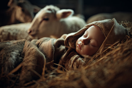 A newborn swaddled in soft blankets among animals in a rustic scene inspired by rembrandt s styleの写真素材