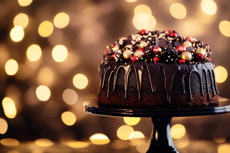 Close up of dark chocolate cake with chocolate drizzle and candy decorations against blurred lights