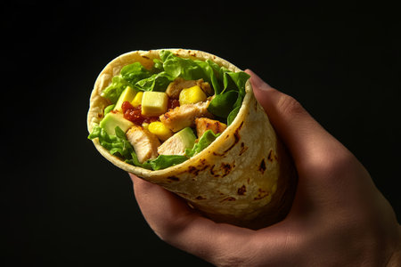Hand grasping a fresh tortilla filled with chicken, lettuce, and avocado against a dark backgroundの写真素材