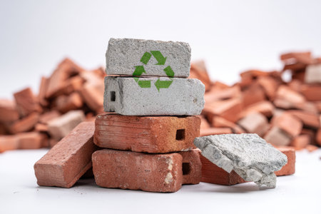 Conceptual image of industrial environmental protection with red bricks and green recycling logoの写真素材