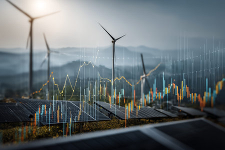 Double exposure of stock market graph with solar panels and wind turbines for economic growth