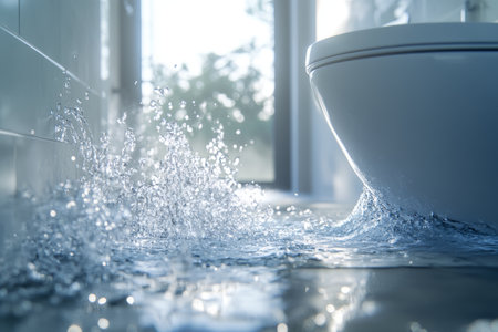 Emergency scene overflowing white toilet in bright bathroom causes water crisis on floorの写真素材