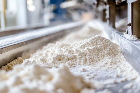 Close up view of flour processing machinery in a bakery factory with focus on white powderの写真素材