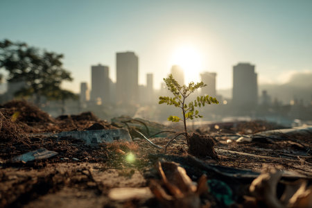 A resilient young plant thrives amidst a garbage dump with city skyline and morning sunlightの写真素材