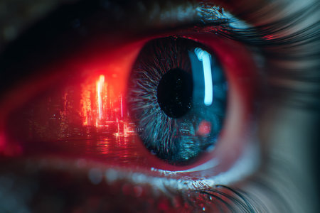 Futuristic cyberpunk eye with neon red and blue iris against a dark digital cityscape backgroundの写真素材