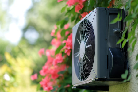 Close up of an air source heat pump in a modern garden next to a contemporary houseの写真素材