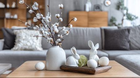 Chic modern living room showcasing easter decor with bunnies and eggs on a coffee table