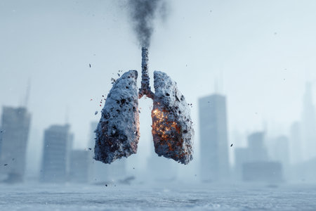 Snow sculpture of human lungs with one lung burning amidst urban smog and floating ash particlesの写真素材
