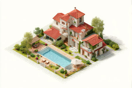Stunning isometric 3d illustration of a villa featuring a pool and lush garden on a white backgroundの写真素材
