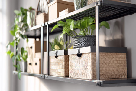 Chic black metal shelving unit featuring boxes and greenery in a bright white room interior