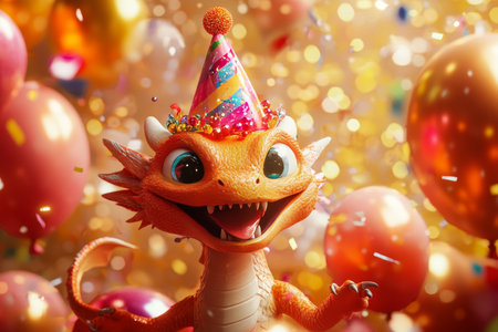 Joyful dragon celebrating its birthday in a colorful scene with balloons and sparkling lightsの写真素材