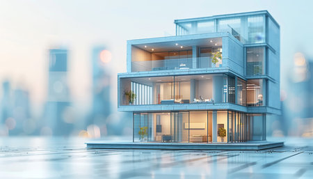 Collage of house construction blueprints with a modern home centered in a blue palette