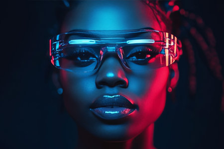 Close-up portrait of a beautiful Afro-American woman in futuristic glasses on a dark background.